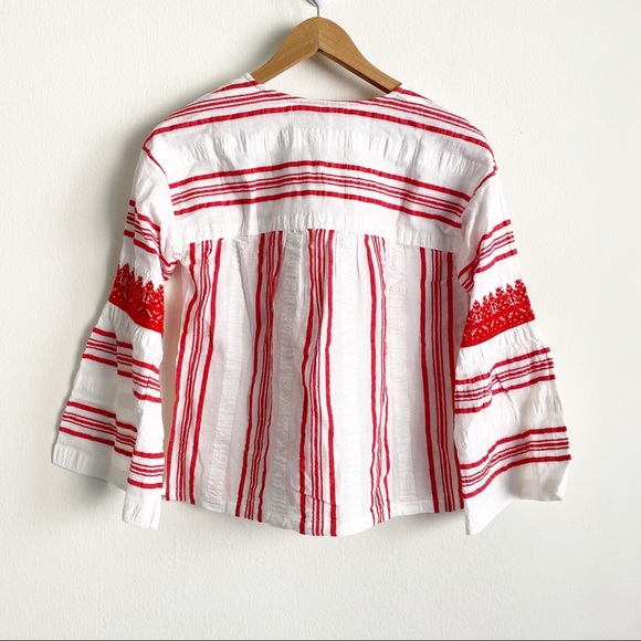 Joie Selba Stripe Bell Sleeve Embroidered Cotton Blouse Cherry Red White XS NWT - Picture 9 of 9